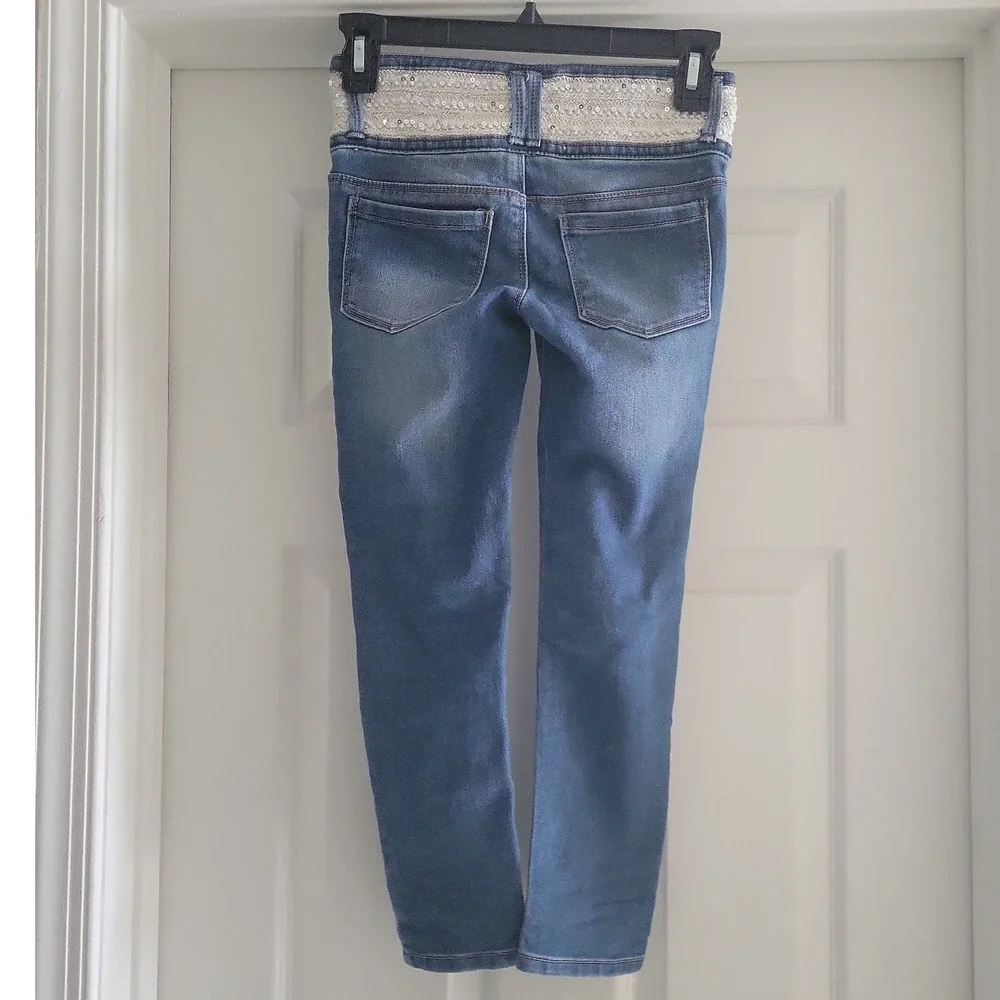 SQZ Girls Blue Sequin Waist Skinny Jeans Medium Wash Size 8 High Rise Stretch